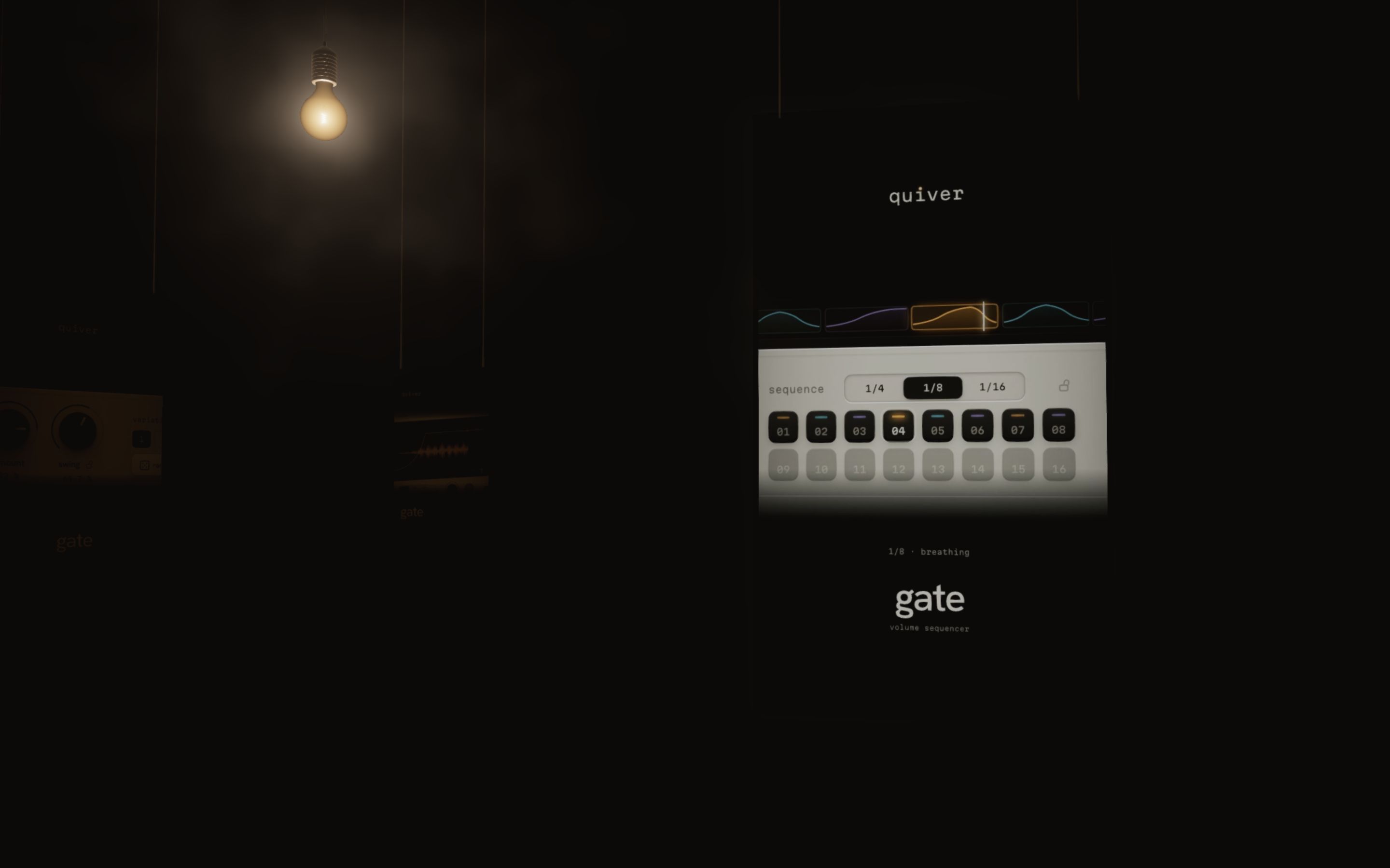 Three tall films of gate hanging on wires in the dark, the first one playing.