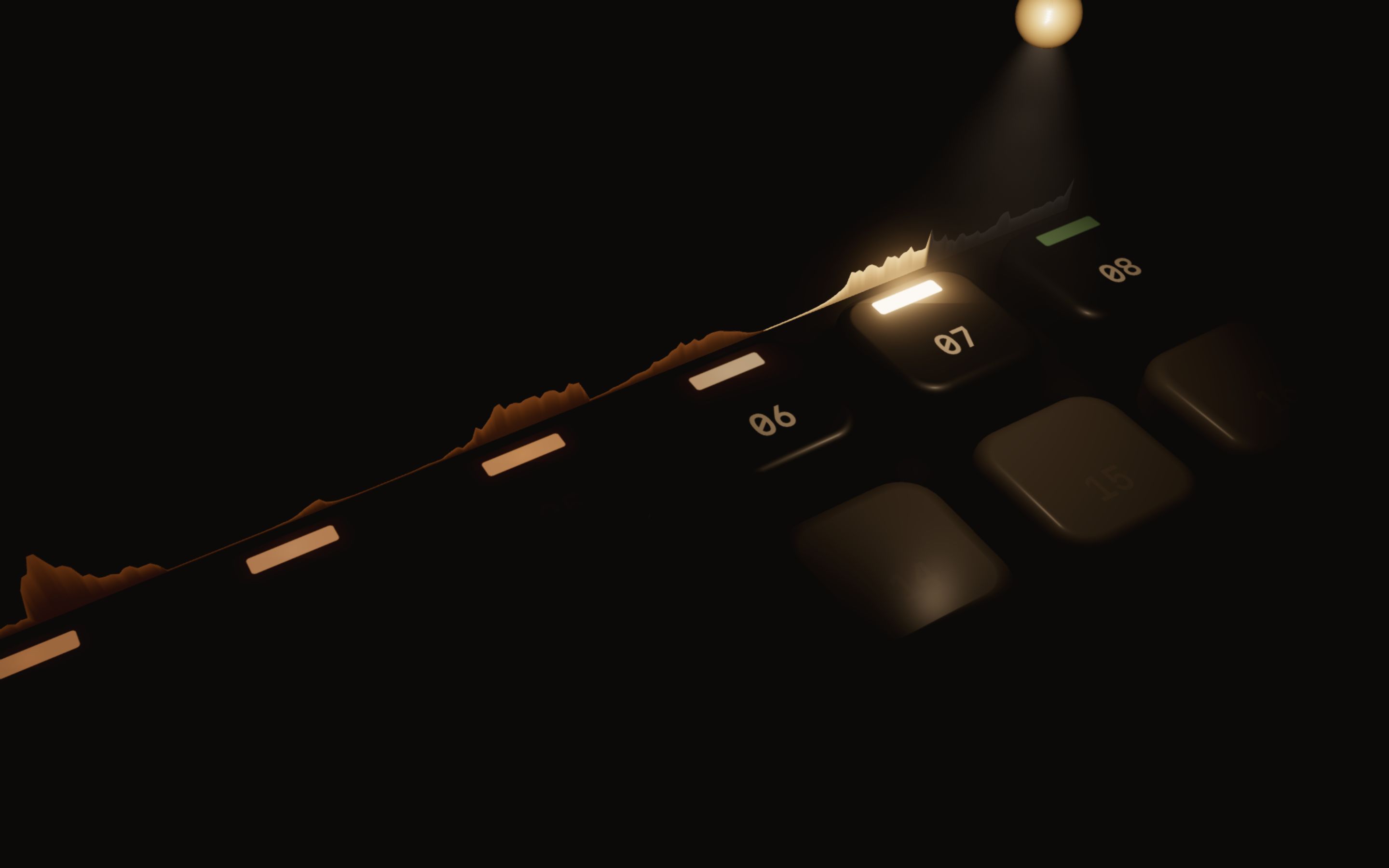 gate's step keys grown to the size of a room, seen from above, one step lit under the bulb.