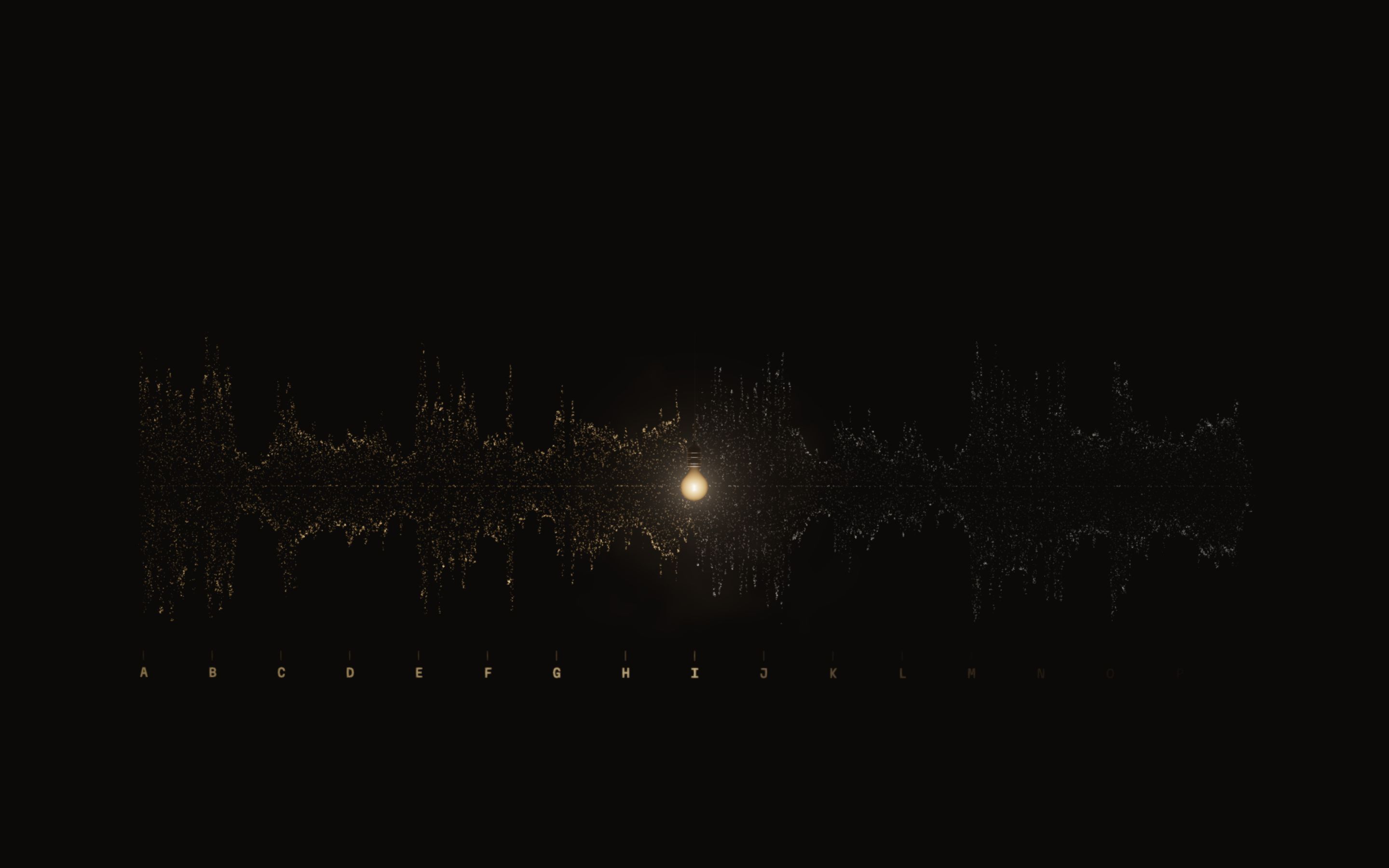 A long waveform made of grains, half played, the bulb resting on it.